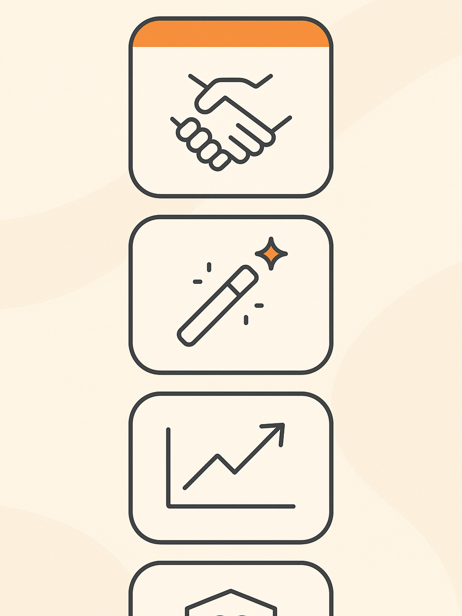Three pillars illustration representing Kliken's core values of simplicity, reliability, and results
