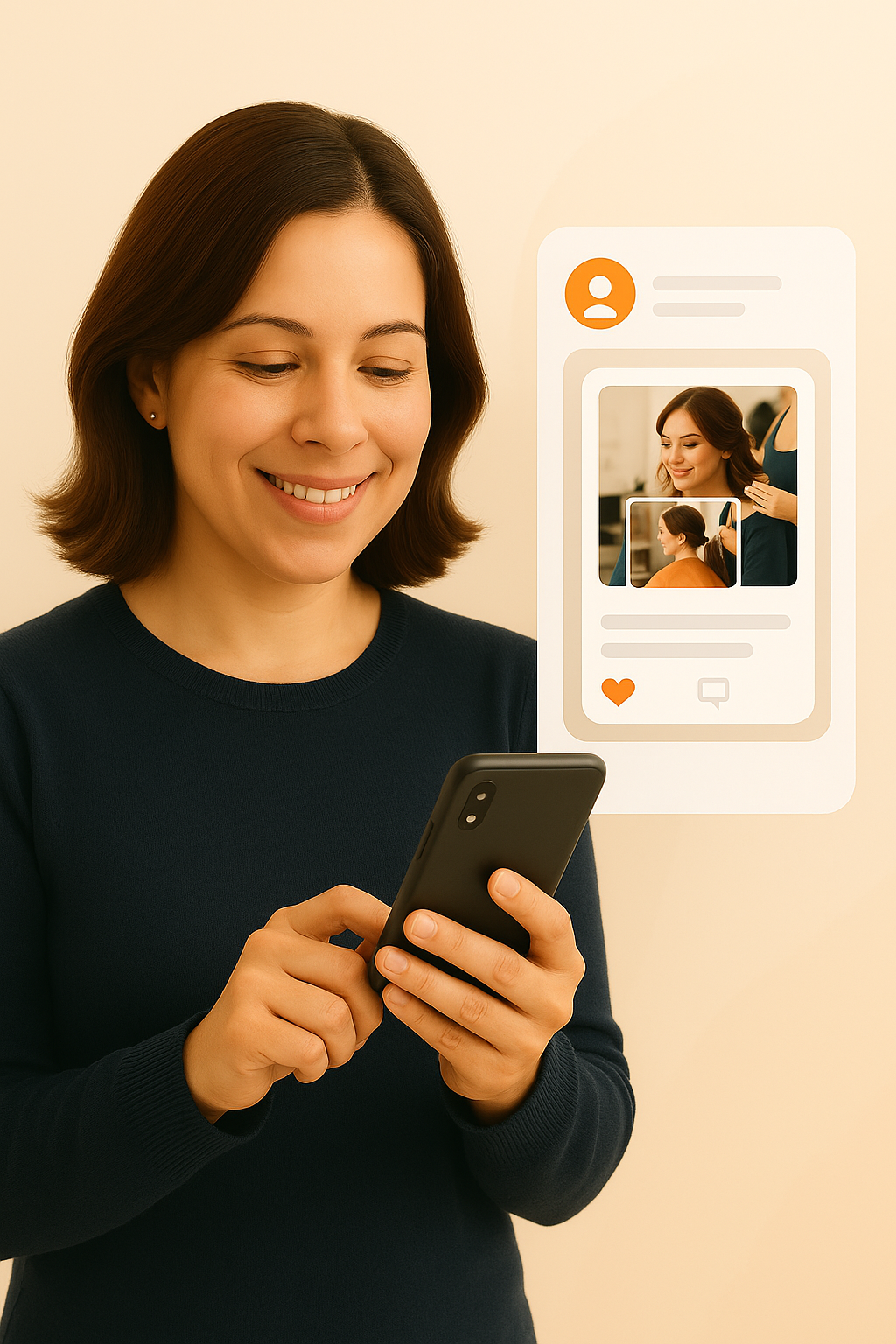 Illustration of a small-business owner smiling at a phone with a mini social post preview nearby