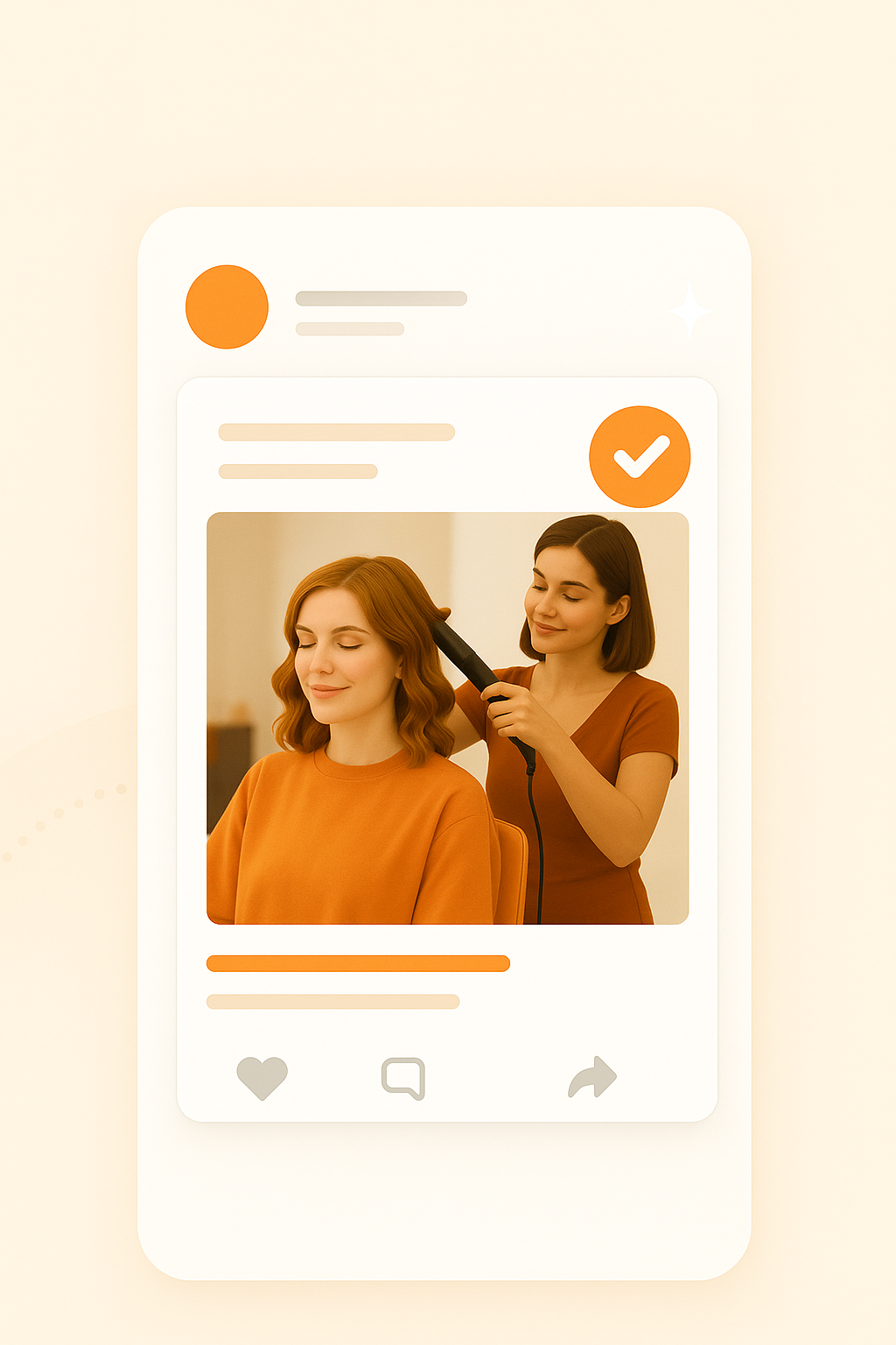 Stylized social post preview card for a local salon with a subtle shimmer and automation icon