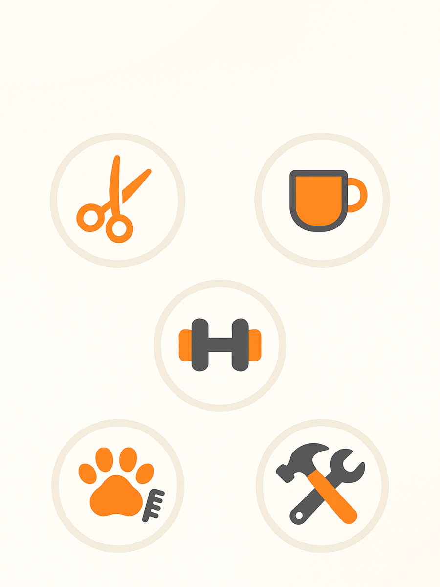 Five category icons representing salon, cafe, gym, pet groomer, and home services