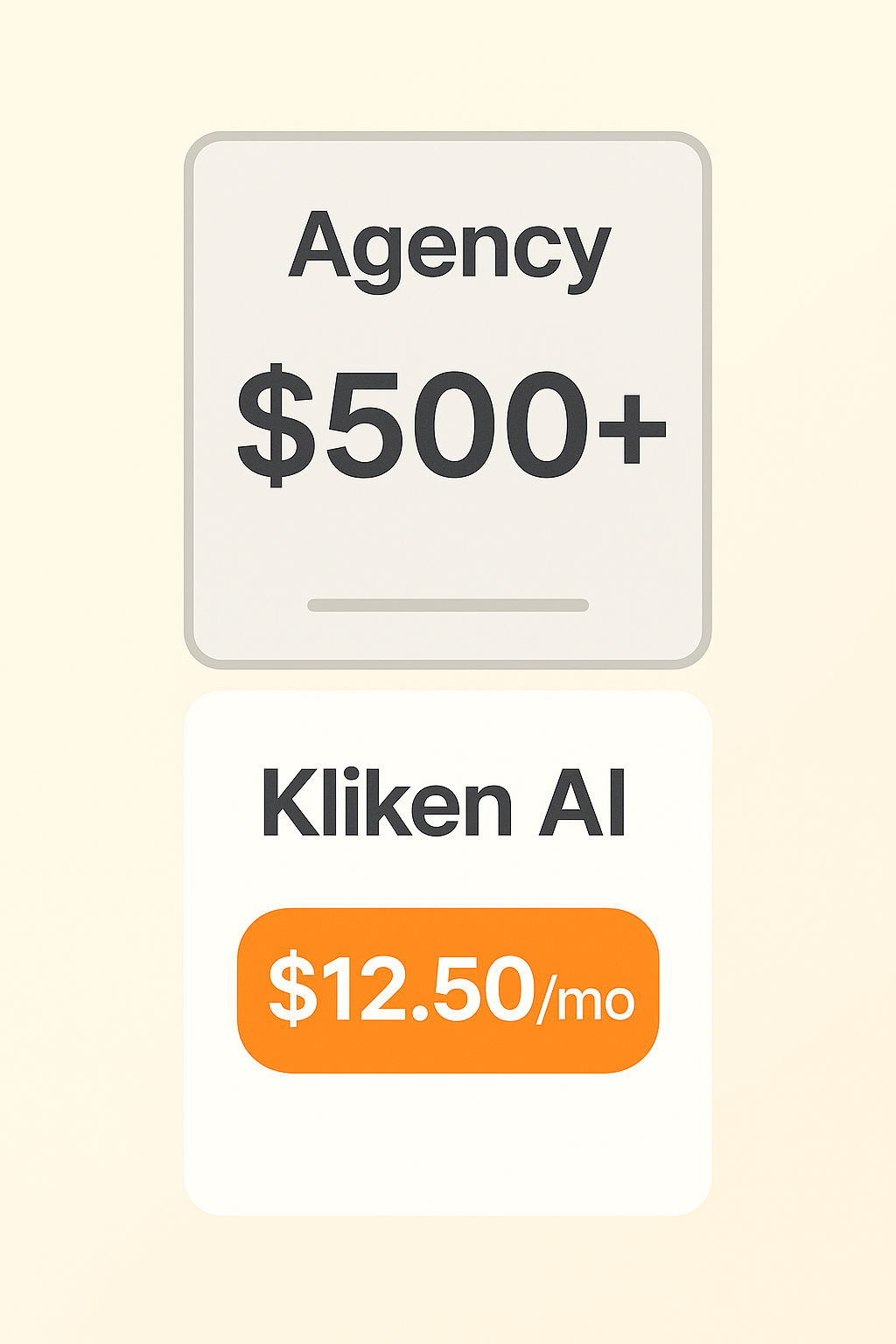 Side-by-side comparison showing agency pricing versus Kliken AI affordable automated social media pricing